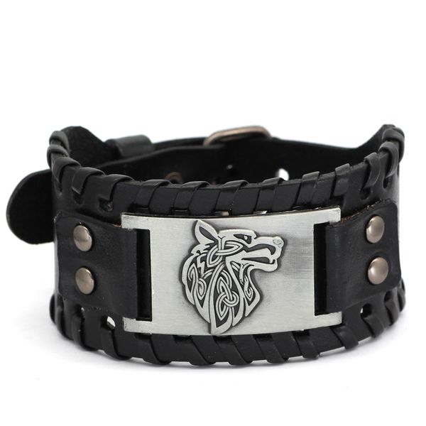 

viking cowhide bracelet celtic wolf head men's bracelet with leather accessories, Silver