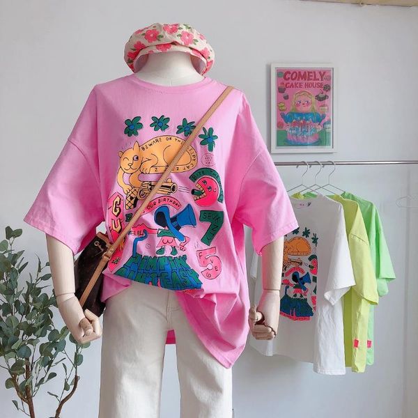 

women's t-shirt girl summer kitten print short sleeve thin loose woman tshirts graphic t shirts, White