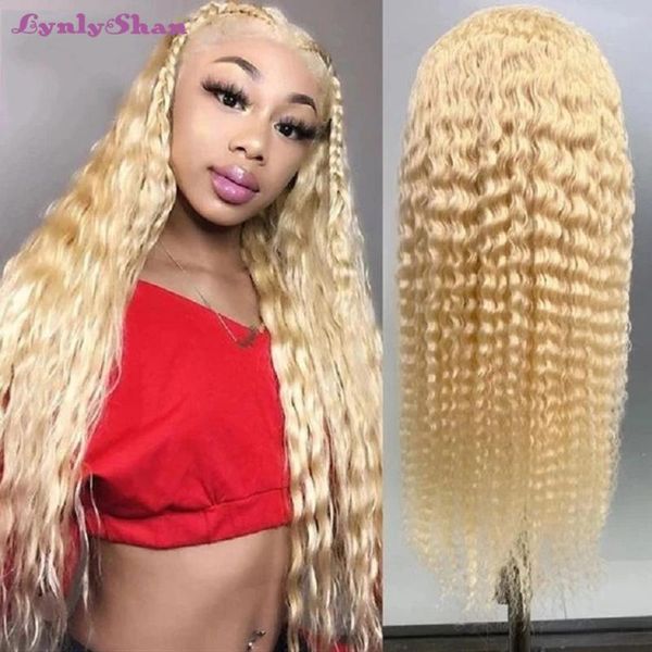 

lace wigs lynlyshan 613 honey blonde 13x4 frontal human hair 150% density brazilian loose deep wave front, Black;brown