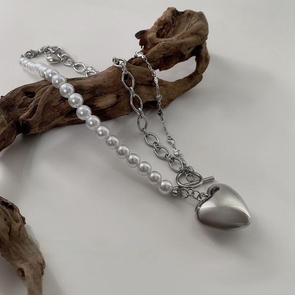 

pendant necklaces vsnow hiphop oversize love heart pearl asymmetry necklace for women statement chunky chain toggle clasp jewelry, Silver