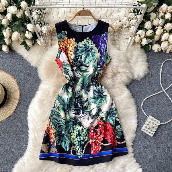 

casual dresses women's temperament round neck slim short niche tropical fruit print sleeveless dress 4rwq, Black;gray