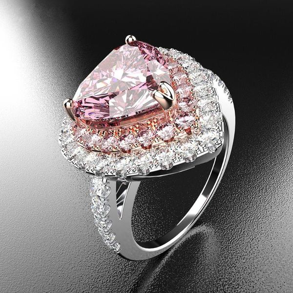 

cluster rings fashion luxury 925 solid sterling silver love heart pink sapphire wedding engagement anniversary ring jewelry wholesale, Golden;silver