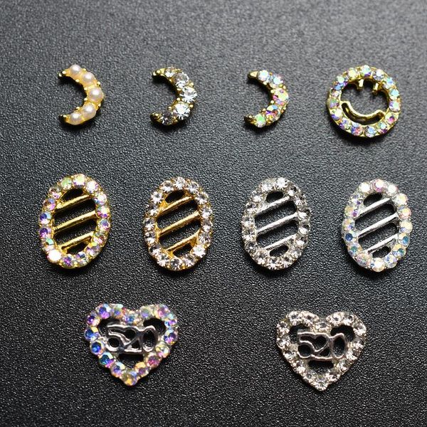 

nail art decorations 10pcs gold silver square moon heart ab rhinestone simple alloy 3d hollow strass charm accessory, Silver;gold