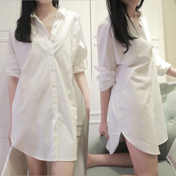 

women lapel single-breasted sexx loose long sleeve solid color shirt versatile loose white blouse x