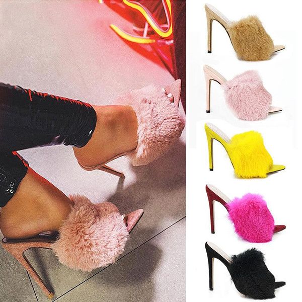

dress shoes 2021 european station sandals candy color luxury fur slippers large women size 35-43 high heel, Black