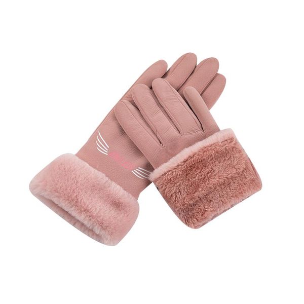

five fingers gloves mittens women solid color printed plush screen touchable windbreak leather surface for winter full, Blue;gray