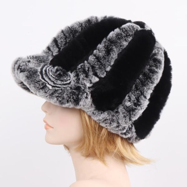 

beanie/skull caps 2021 women knit real rex fur striped hats winter warm floral genuine lady natural hat wholesale retail, Blue;gray
