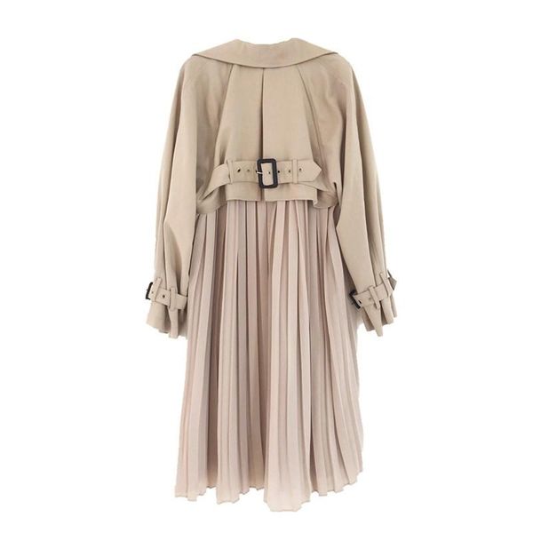

women's trench coats women windbreaker spring chic long female coat chiffon splice pleated overcoat office lady thin loose outwear, Tan;black