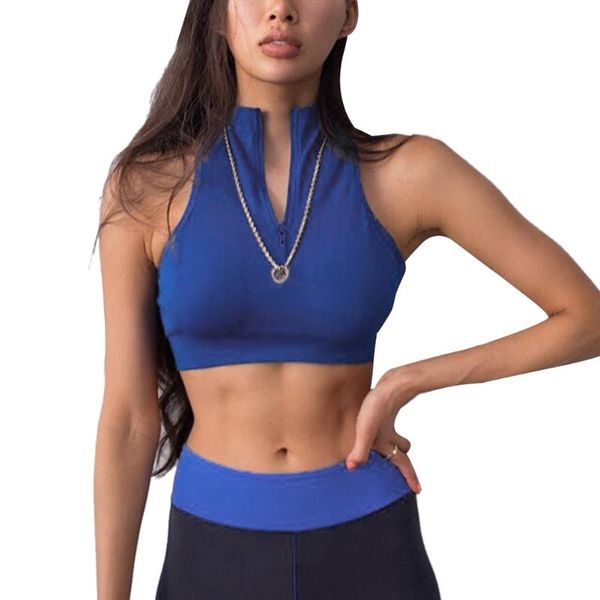

women's tanks & camis women crop ladies summer skinny sleeveless zipper turtleneck short blue pure color casual daily wear, White