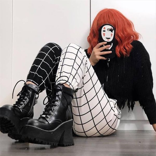 

patchwork fashion casual harem trousers womens capri hip hop streetwear plaid cotton hit color clothes hh124, Black;white