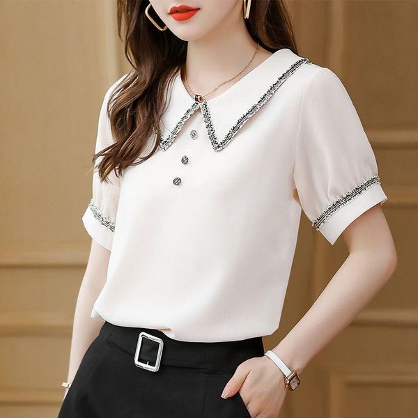 

women's blouses & shirts short sleeve chiffon shirt summer 2021 turn down collar korean fashion blouse female blusas clothing, White