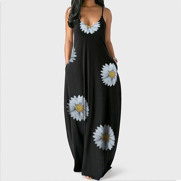 

casual dresses summer women v-neck maxi dress chrysanthemum print sleeveless pullover long straps camisole holiday vocation, Black;gray