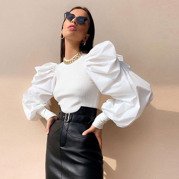 

women's knits & tees elegant autumn long sleeve shirt blouse spring women rib knitted pullover solid female patchwork streetw, White