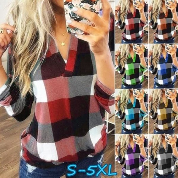 

women's t-shirt spring/autumn shirt plaid printed v-neck long sleeve casual fashion pullover oversized clothes base, White