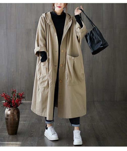 

women's trench coats size 8xl 120kg autumn women long vintage casual solid color overcoat plus sleeve windbreaker female, Tan;black