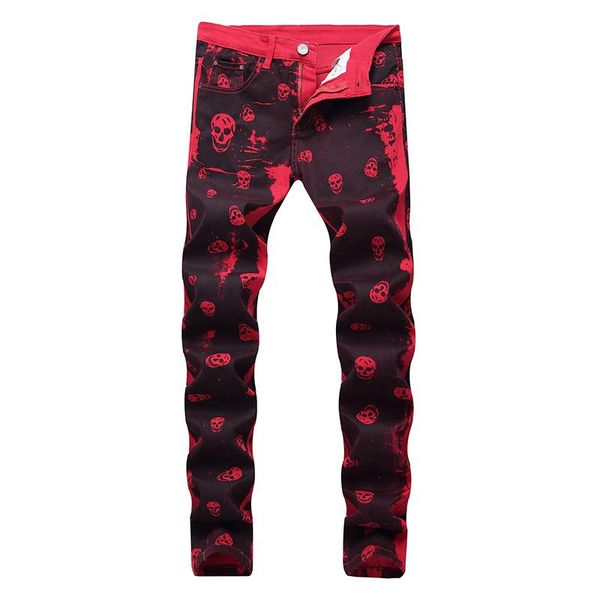 

men's jeans printed red casual cotton stretch slim trousers, Blue