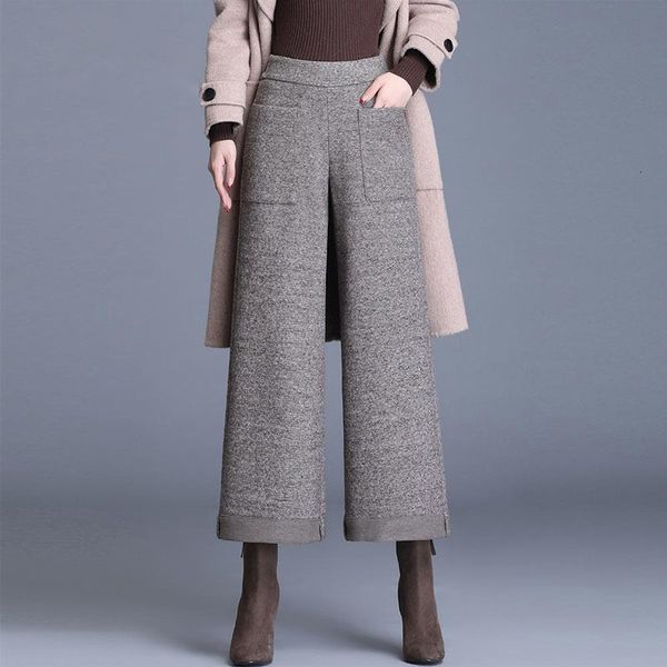 

capris ladies'trousers, pantalone pantalones, 2021 autumn, woolen women's pants, high waist, broad leg., Black;white