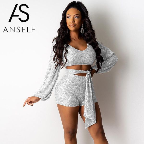 

two piece set women sweatsuit crop short sequined bling v neck long sleeve high waist tied bandage clubwear outfits women's tracksuits, Gray