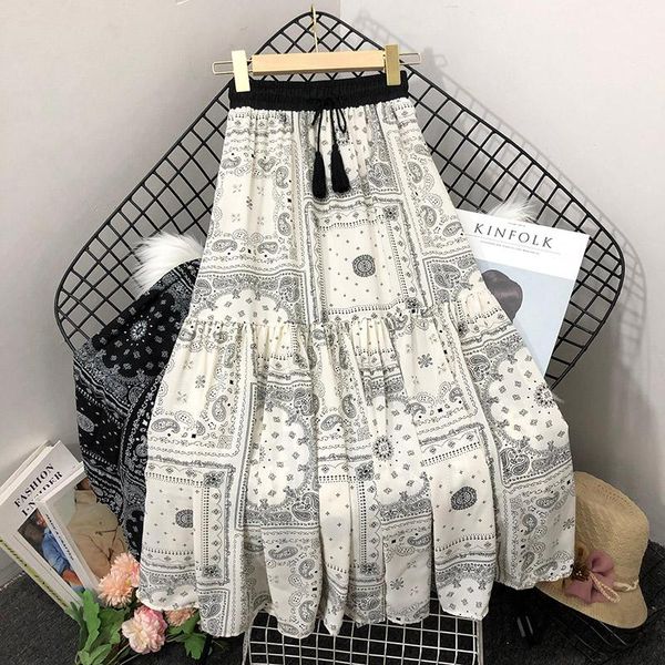 

skirts vintage ethnic printed long chiffon female summer elastic waist drawstring beach women's skirt faldas mujer moda 2021, Black