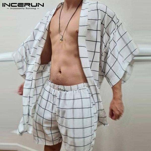 

men's tracksuits incerun summer men plaid sets casual open stitch short sleeve shirt & shorts 2021 vacation streetwear hawaiian suits s, Gray