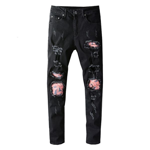 

men's jeans streetwear patchwork ripped slim skinny holes black stretch denim pants patch design trousers 2qex, Blue