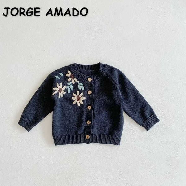 

spring baby girl sweater coat long sleeves open stitch embroidered flowers outwear children clothes e3028 210610, Blue