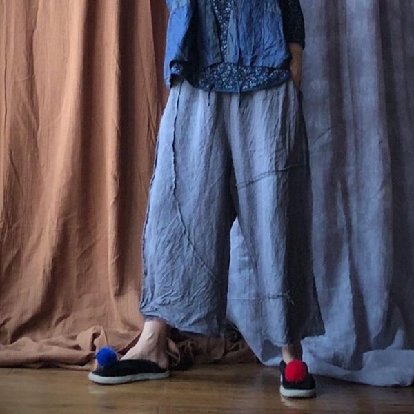 

johnature patchwork 2021 autumn women linen pants elastic waist loose vintage ankle-length casual straight women's & capris, Black;white