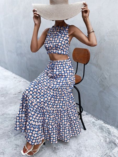 

geo print tie back cami & ruffle hem skirt y2a5#, White