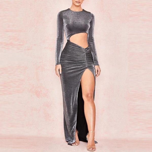 

casual dresses split maxi long women dress 2021 autumn wineter vestido o neck bodycon hollow out sequined party, Black;gray