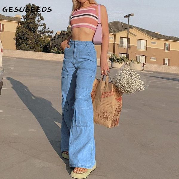 

autumn baggy jeans women wide leg pants pockets patchwork blue mom high waist streetwear vintage ladies 2021 women's
