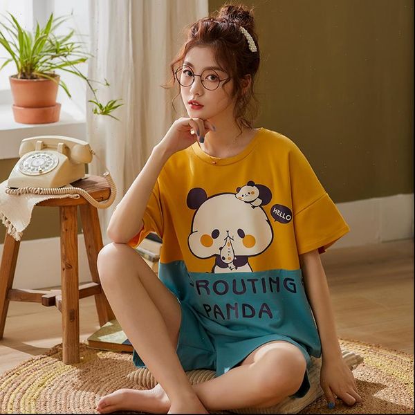 

bzel cotton patchwork style womens sleepwears pijama loose pajamas set cartoon round neck home wear suit pyjama lounge, Black;red