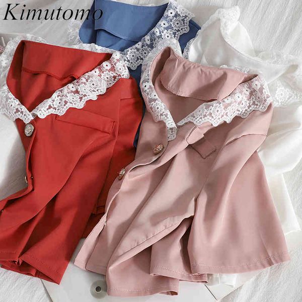

kimutomo color contrast blouse lace patchwork v-neck single breasted shirt women summer solid all matching short casual 210521, White