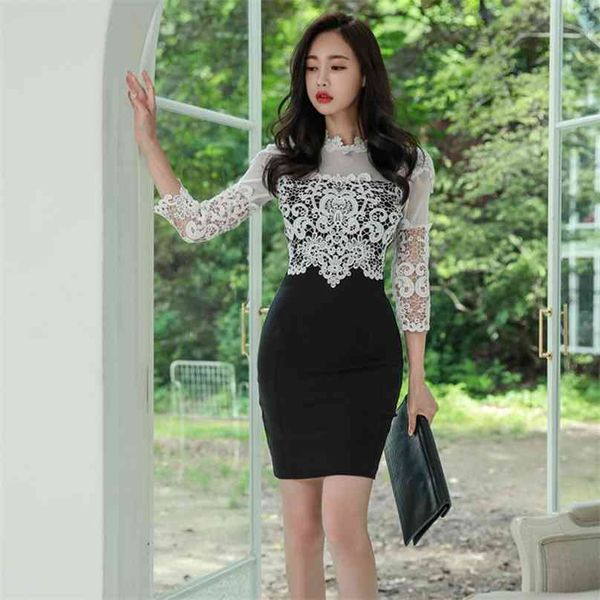 

nwe spring and summer style korean temperament standing neck embroider color combination thin office party for women dress 210602, Black;gray
