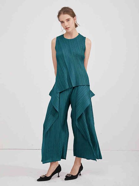 

women's tracksuits summer miyake pleated shirt t-shirt vest casual wide-leg pants irregular korean fashion racksuit women two piec, Gray