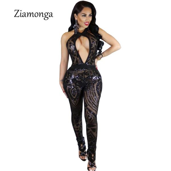 

women's jumpsuits & rompers ziamonga 2021 s fashion bodycon mesh sequins jumpsuit summer halter backless slim womens club overalls, Black;white