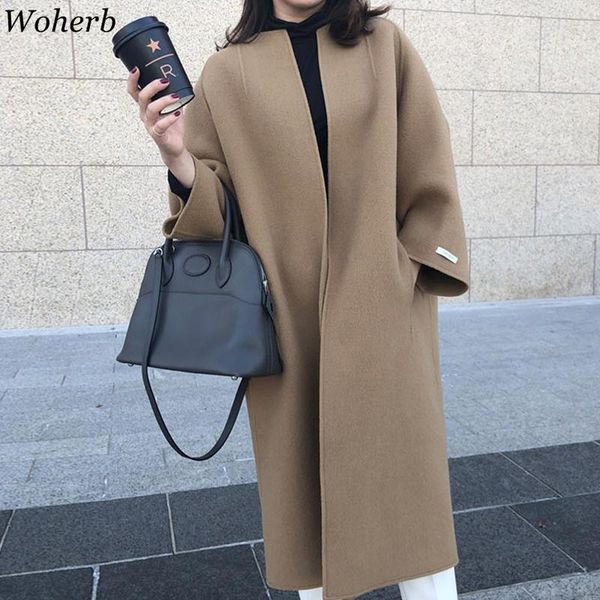 

women's jackets woherb fall solid color jacket women fashion temperament loose long overcoat korean chic cardigan woolen coats windbrea, Black;brown