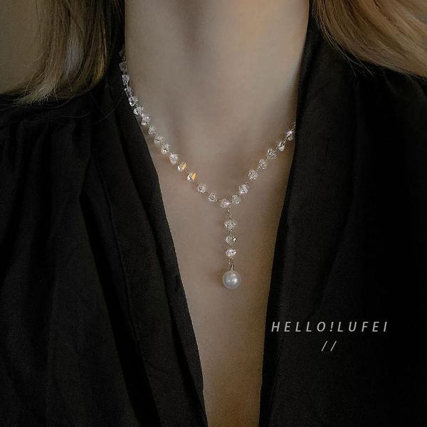 

chains necklace summer luxury advanced feeling fashion female crystal pearl net red simple clavicle chain wholesale, Silver