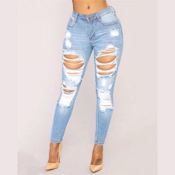 

women's jeans high waist elastic ripped bulifting skinny women plus size denim pencil pants, Blue