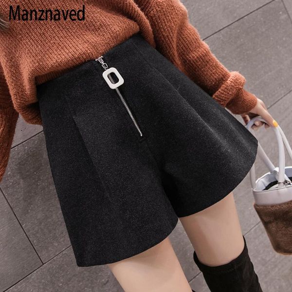 

women's shorts 2021 autumn and winter woolen women korean style high waist wide leg a-line solid casual short pants, White;black