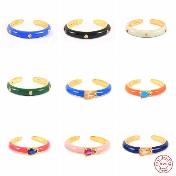 

cluster rings aide 925 sterling silver colorful enamel resizable luxury waterdrop zircon gemstone mosaic dripping oil openning, Golden;silver