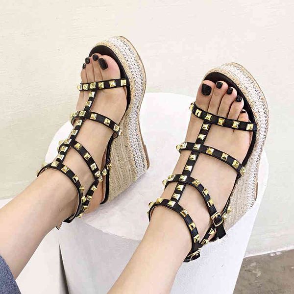 

sandals summer new platform lame women's willow nails decorated hemp rope braided fish mouth high heels m3kc, Black