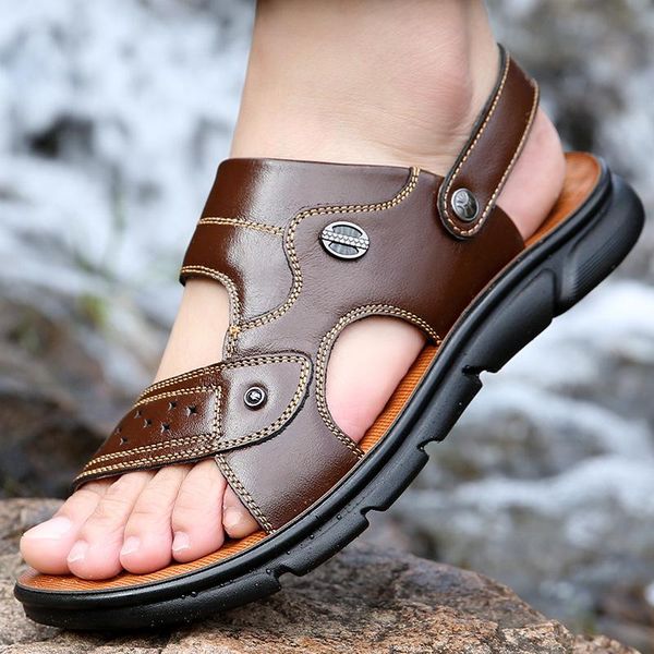 

sandals men genuine leather summer classic shoes slippers soft roman comfortable walking footwear 2021, Black