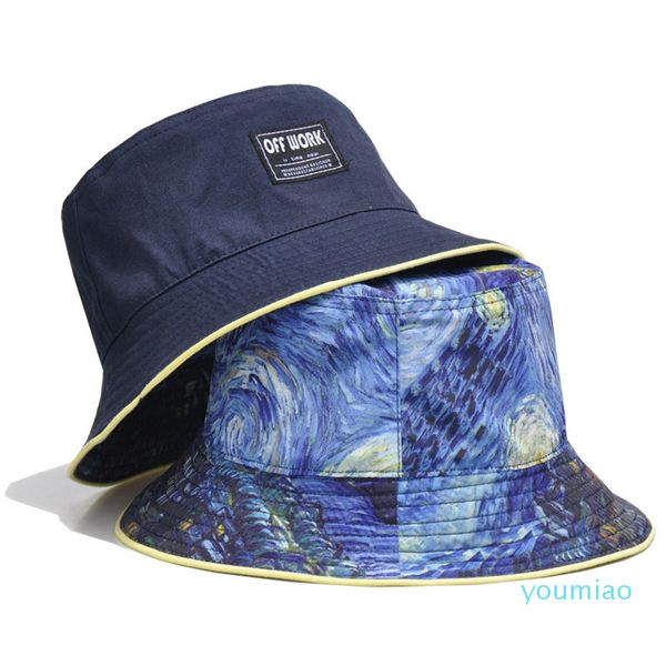 

fisherman hat printed with van gogh's starry sky two sides can be worn fashionable sun hat, Black;white