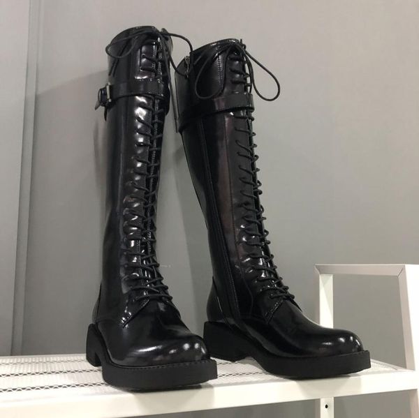 

boots leather 2021 black belt buckle slim flat-heeled knight