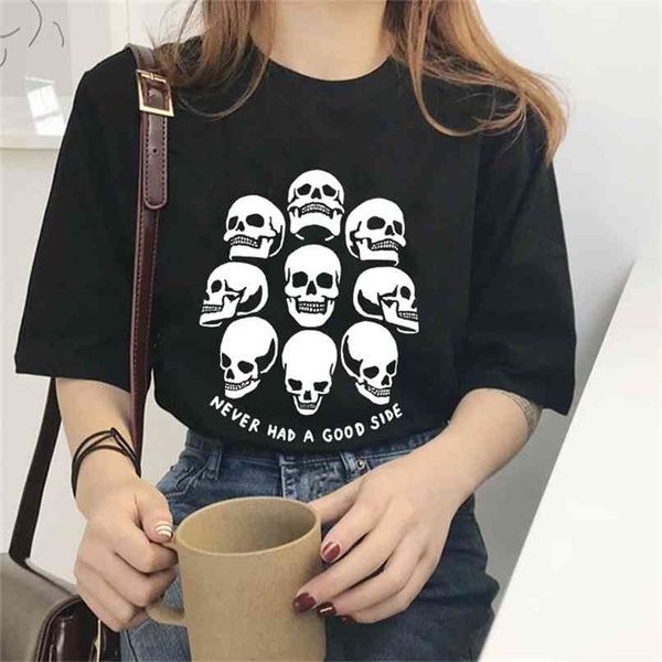

never had a good side funny skull printed t shirt women short sleeve cotton fashion street style outfits 210512, White