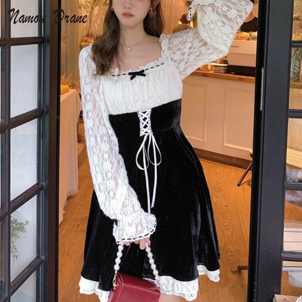 

casual dresses french vintage dress women 2021 spring kawaii lace slim one piece korean elegant retro fairy female cute chic, Black;gray