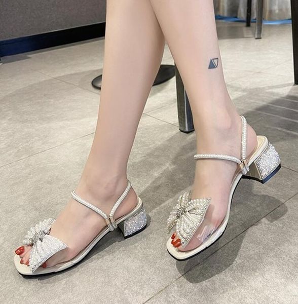 

2021 pearl rhinestone slippers summer fashion all-match thick-heeled roman women's shoes, Black