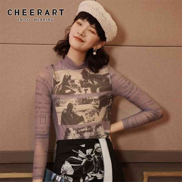 

cheerart long sleeve mesh women turtleneck see through letter printed tshirt transparent purple graphic t shirts fashion 210324, White