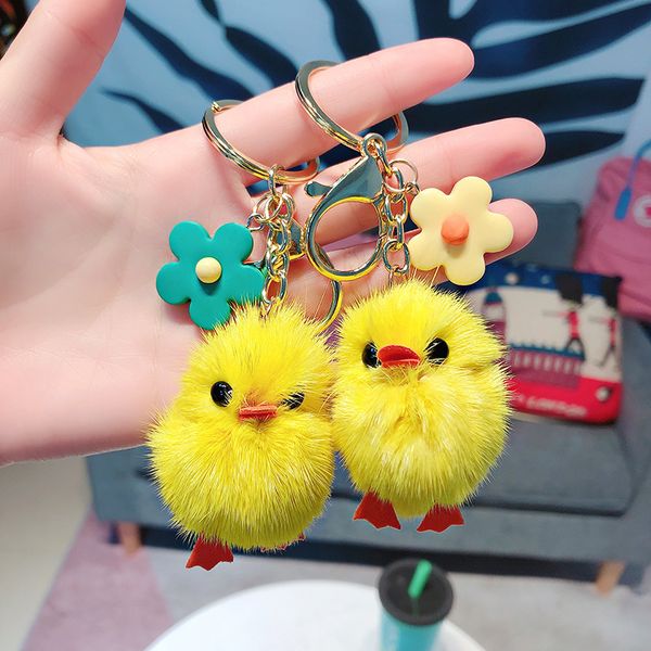 

keyring keychain cute fluffy chicken doll key chain pendant real mink hair fashion duckling bag pendant, Silver