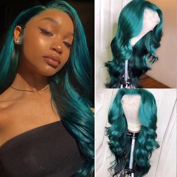 

lace wigs 28 inches dark green colored for women human hair blue body wave front wig transparent brazilian virgin, Black;brown